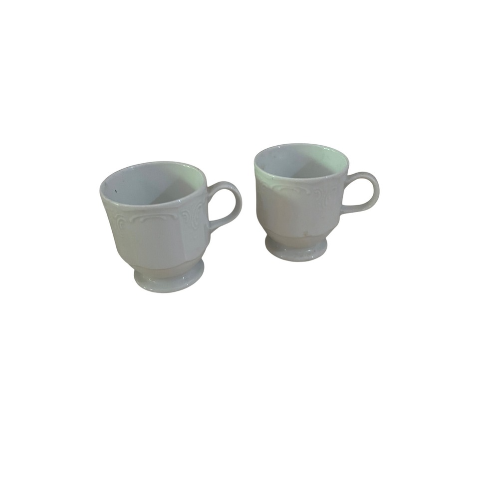 Vintage White Footed Porcelain Coffee Mugs Set of 2 Embossed Scroll Pedestal Cup